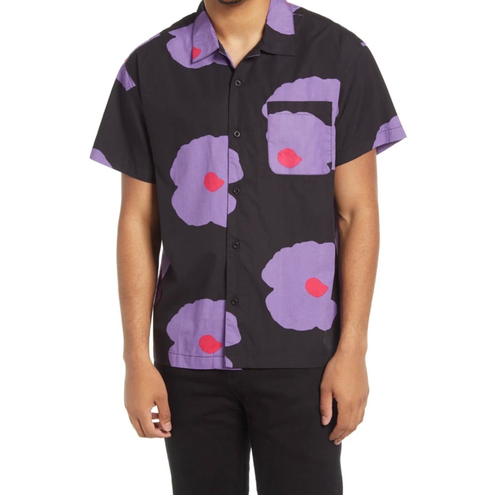 OBEY Resort Floral Button Up Shirt L Purple Black Y2K Skate Streetwear Organic